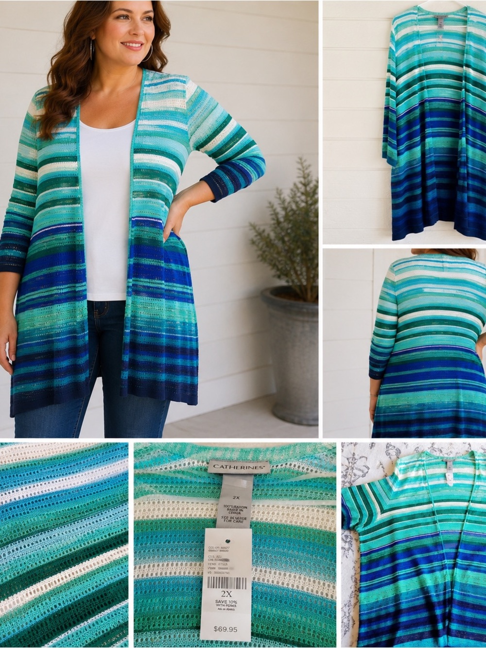 NWT Catherines 2X Open Front Cardigan Blue Green Striped Lightweight - Picture 11 of 12